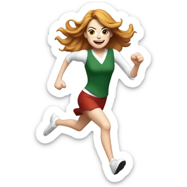 Emma Stone running, with a large stride and arms outstretched, with long golden brown hair, wearing an Christmas outfit sticker