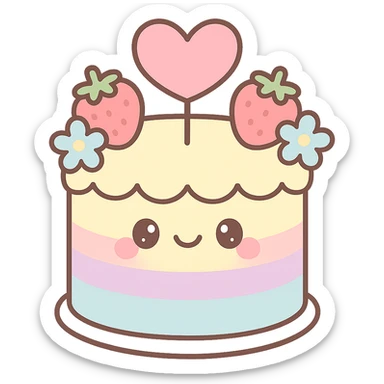 pastel rainbow wedding cake with strawberries, pastel blue flowers, heart topper, kawaii style sticker
