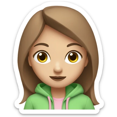 a girl with brown long hair, fair skin, green eyes, is working relaxed at a modern laptop in a monochrome pale pink zip hoodie with a hood and a pink monochrome T-shirt sticker