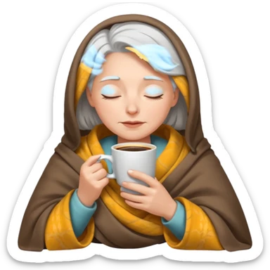 Gray-haired white girl inside a blanket sipping coffee eyes closed sticker