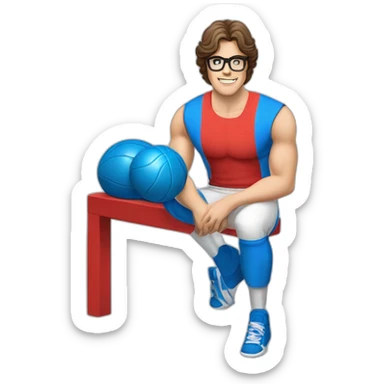 retro 70s blue and red gym clothes for a modern white brunette uni male student with glass sticker