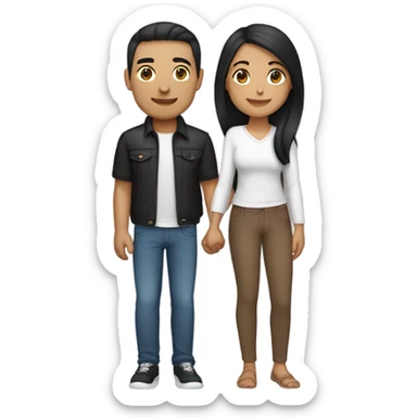 a couple holding hands. the guy has black middle part hair and is Persian and Filipino mix, wearing a jacket. the girl has brown medium length hair white and asian mix, wearing a crop top. sticker