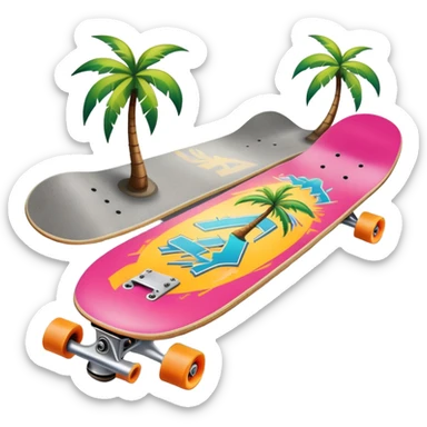 An icon featuring a skateboard resting on a smooth concrete surface. The background shows a sunny skate park with ramps, graffiti walls, and palm trees, creating an urban vibe. The skateboard is designed with vibrant colors and unique graphics. Transparent background  sticker