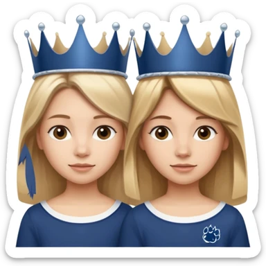 Two girls. One with shoulder length blond hair and one with long brown hair. They have princess crowns on their heads. They have Penn state shirts sticker