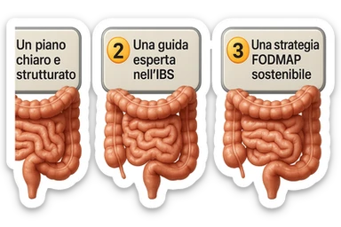 emoji stile iphone di 3 targhette numerate con intestino realistico davanti ad ogni targhetta, le targhette sono:
"1 – Un piano chiaro e strutturato
2 – Una guida esperta nell’IBS
3 – Una strategia FODMAP sostenibile"
, iperrealistico 4k sticker