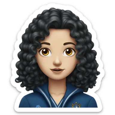 Hyper realistic White girl with long black curly hair wearing a ravenclaw school inform sticker