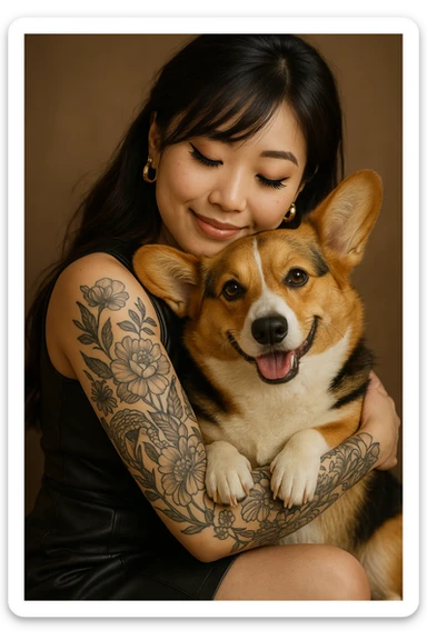asian girl in a black leather dress, gold earrings, long hair with wispy deep side bangs, false lashes, 3/4 sleeve tattoo on her left arm, hugging a happy red head tri color corgi sticker