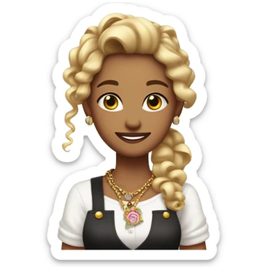 Waitress with white shirt and black apron, curly dirty-blonde hair in a pony tail, hazel eyes, LOTS of bohemian jewelry and bracelets  sticker