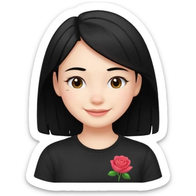 a pretty bratz fair girl with straight black hair, wearing a black tshirt, smiling sticker