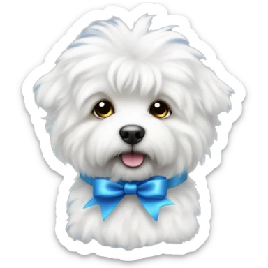 White fluffy bishon frize cute dog whit blue ribbon  sticker
