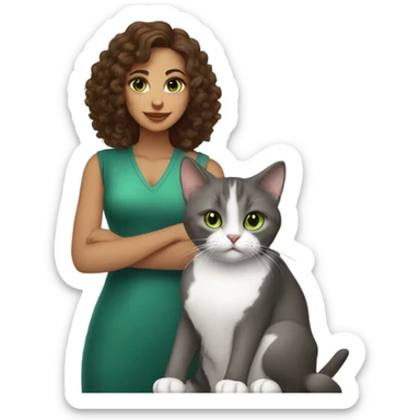 Brown curly hair latina girl with brown eyes holding a grey tuxedo cat with green eyes sticker