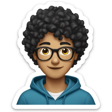 Cheerful Pakistani teenage boy with black curly hair and black glasses. He's wearing a blue hoodie. sticker