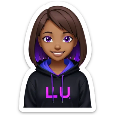 brown haired girl with a bob and blue eyes wearing black hoody with violet letters "Lu", laughs. Cyberpunk style. Violet neon. sticker