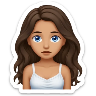 Girl with olive skin, blue eyes, brown dark insanely wavy long hair, white camisole feeling sick sticker