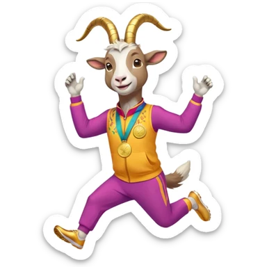 friendly anthropomorphised goat jogging upright in a colourful suit, holding up a medal, relaxed pose sticker