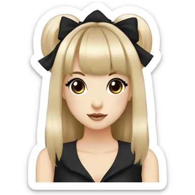 hime gyaru girl, light skin with brown eyes and black hair with bangs, bows, dark makeup, black shirt sticker
