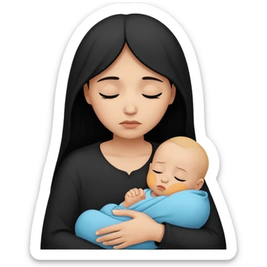 Minimalistic flat vector icon, iOS style, thin black contour on white background. Silhouette of a sad mother holding a baby, small tear drop. Clean, no text, no shadows sticker