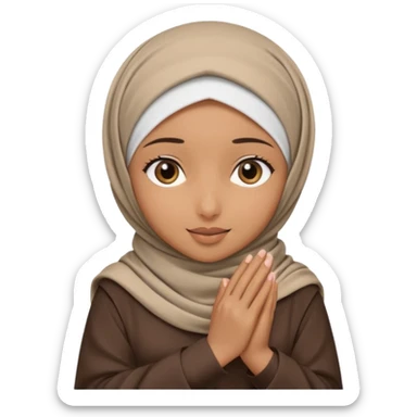 Hijabi girl sitting.     head covered
hands pulling the fabric in
shy-but-dramatic energy
“no cameras pls” but in a cute way
soft + mysterious vibe sticker
