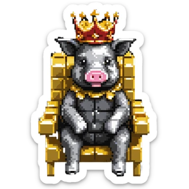 LEGO style pixel art pig with a golden crown sitting on a throne, classic LEGO brick shapes and studs, bright colors, simple and blocky sticker