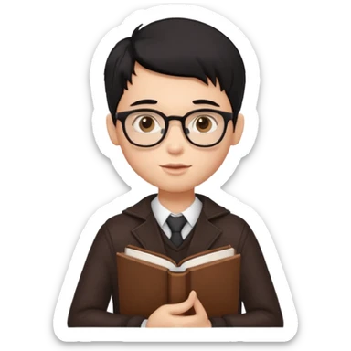 a pretty bratz boy with black hair, spectacles on, holding a book in hand and a chocolate in the other sticker