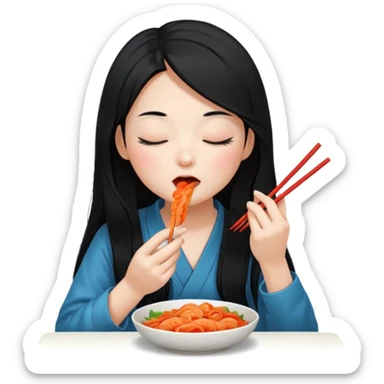 Girl with black long hair eat kimchi close eyes chopstick sticker
