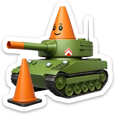 green military tank running over a traffic cone with a sad face, cone visible under the treads, emoji style sticker