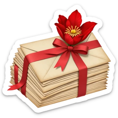 A beautifully arranged Stack of aged letters, tied with a red ribbon, envelopes, corespondence, aesthetic, red flower petals around, mails sticker