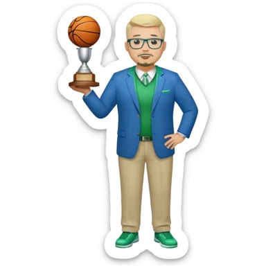 Full Body white fat male  wearing glasses with a goatee with light blonde gray very short hair basketball head Coach in blue and green suit holding trophy sticker