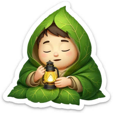 sleepy forest character wrapped in leaf blanket holding glowing lantern half asleep sticker