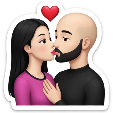 👩🏻‍❤️‍💋‍👨🏻 this one but the man should be bald. white woman with long black hair and white bald young man whoitiut hair and a heart between their heads. she has pink lips and both have brown eyes. he has e full beard but short. both wear black. they kiss slowly sticker