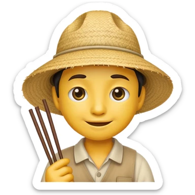do a yellow basic emoji with lines as eyes and two buck teeth and give him a chinese farmer hat and chopsticks sticker