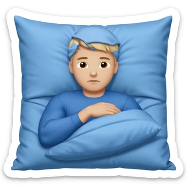 A young muscular male with short dark-blonde hair, medium-light skin, and a neutral expression, dressed in blue cloth. He lies on his side, arms around a soft white pillow, with his head on a smooth blue pillow. A flowing blue blanket covers him in silky folds. sticker