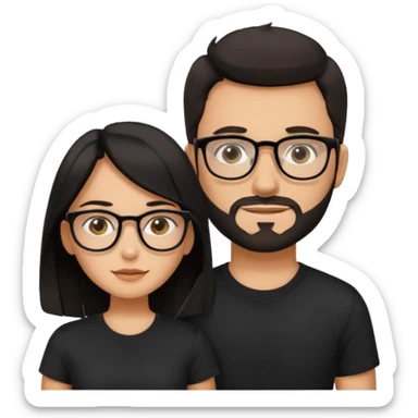 chico con gafas y barba corta moreno  camiseta negra al lado una chica pelo negro  largo piel blanca y camiseta rosa ojos marrones sticker
