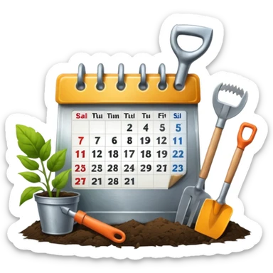 calendar icon with garden tools near. Transparent background sticker