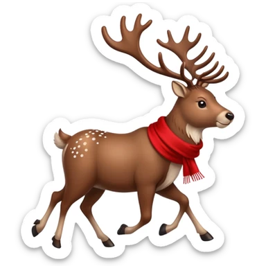 A majestic reindeer with large antlers, wearing a cozy scarf, happily trotting southwards with a determined look, snowflakes gently falling around, in a minimalist emoji style sticker