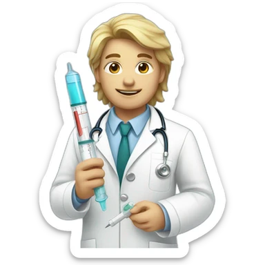 A doctor in a white coat and a syringe sticker