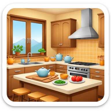 A cozy home kitchen in clean emoji-style illustration. Warm colors, simple shapes, homemade dishes on the counter, friendly atmosphere, flat design, high contrast, clear outlines. sticker