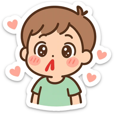 anime-style emoji of a surprised cartoon boy with wide eyes, nosebleed, blushing, hearts floating around sticker