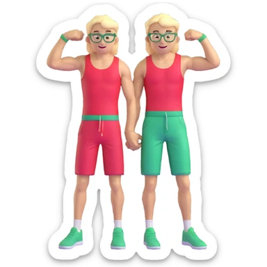 Scrawny thin man with black and white cap, skinny bare torso, red shorts, clear glasses, messy light blond mullet hairstyle, smiling and flexing small muscles sticker