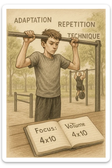 Giovane atleta principiante, fisico asciutto ma non muscoloso, si allena in uno street park con sbarra e parallele. Sta eseguendo serie lunghe di trazioni a corpo libero, concentrato sulla tecnica e sul controllo. Vicino a lui si vede un block notes con scritto a penna 'Focus: Volume, 4x10', mentre in lontananza un altro atleta molto più grosso fa una singola ripetizione con zavorra pesante. Il neofita guarda il suo diario, non gli altri. L’ambiente è sereno, luce naturale, atmosfera di crescita e disciplina. Sullo sfondo si intravedono i concetti scritti in aria con stile metaforico: 'Adattamento', 'Ripetizione', 'Tecnica', fluttuanti accanto a lui sticker