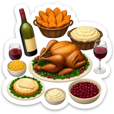 Thanksgiving Dinner with 6 friends of all different races around the table; have the food be a cooked turkey, mashed potatoes, corn, a basket of biscuits, a small bowl of cranberry sauce, baked yams, steamed vegetables, and a bottle of wine. sticker