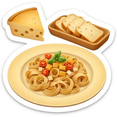 European cuisine humanless avatar in modern emoji-style illustration. Plate with pasta and bread, neutral warm colors, simple shapes, flat design, elegant and friendly. sticker