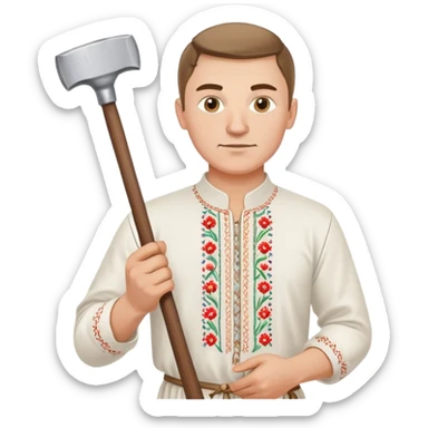 Ukrainian man wearing traditional white embroidered shirt (vyshyvanka) holding a hammer in one hand and a kitchen ladle in the other hand sticker