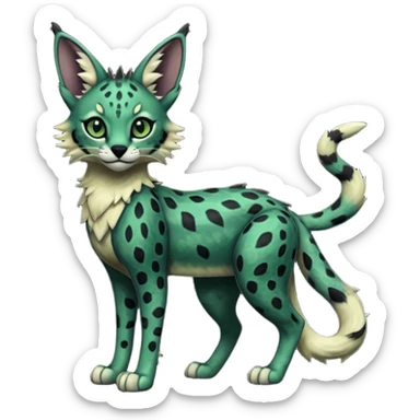 Epic complex detailed dark dusky gloomy deep gothic dark-deep-green, black, realistic Fakémon-Sprigatito-Floragato-Meowscarada-Trico-Sergal-Serval-Vernid-creature (full body) sticker