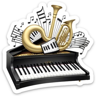 Create an elegant and festive emoji collage representing keyboard instruments, styled like a heraldic emblem. The design should feature a central focal point of black and white piano keys, arranged in a semi-circular or shield-like shape. Around the piano keys, add intertwining musical notes that form flowing ribbons, creating a dynamic and celebratory atmosphere. The design should be professional, with polished silver and gold accents on the keys and notes, highlighting the luxury and sophistication of the instruments. Add subtle shading and lighting effects to give the design a refined, 3D appearance. The background should remain transparent, and the overall feel should evoke grandeur, artistry, and a sense of celebration. sticker