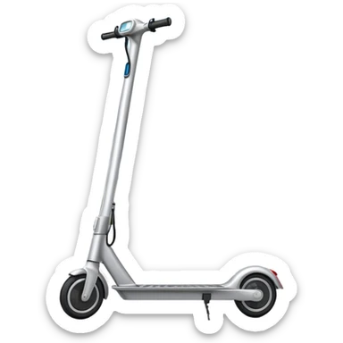 An icon featuring a sleek electric scooter with a modern design, parked on a smooth city sidewalk. The background shows a bustling urban landscape with clear skies, tall buildings, and pedestrians walking by. The scooter is highlighted as a symbol of eco-friendly transportation and modern mobility.  sticker