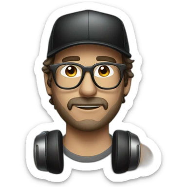 scruffy man in a backwards baseball black hat and rectangle glasses wearing headphones with microphone sticker