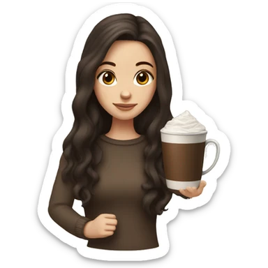 white girl with dark brown long hair, dark brown eyes, and a hot chocolate sticker