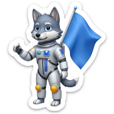 a wolf in space suit, holding blue rectangle flag, full body sticker