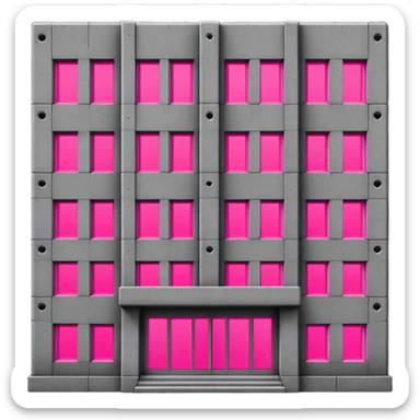 brutalist gray concrete block building with two neon pink windows and many normal windows sticker